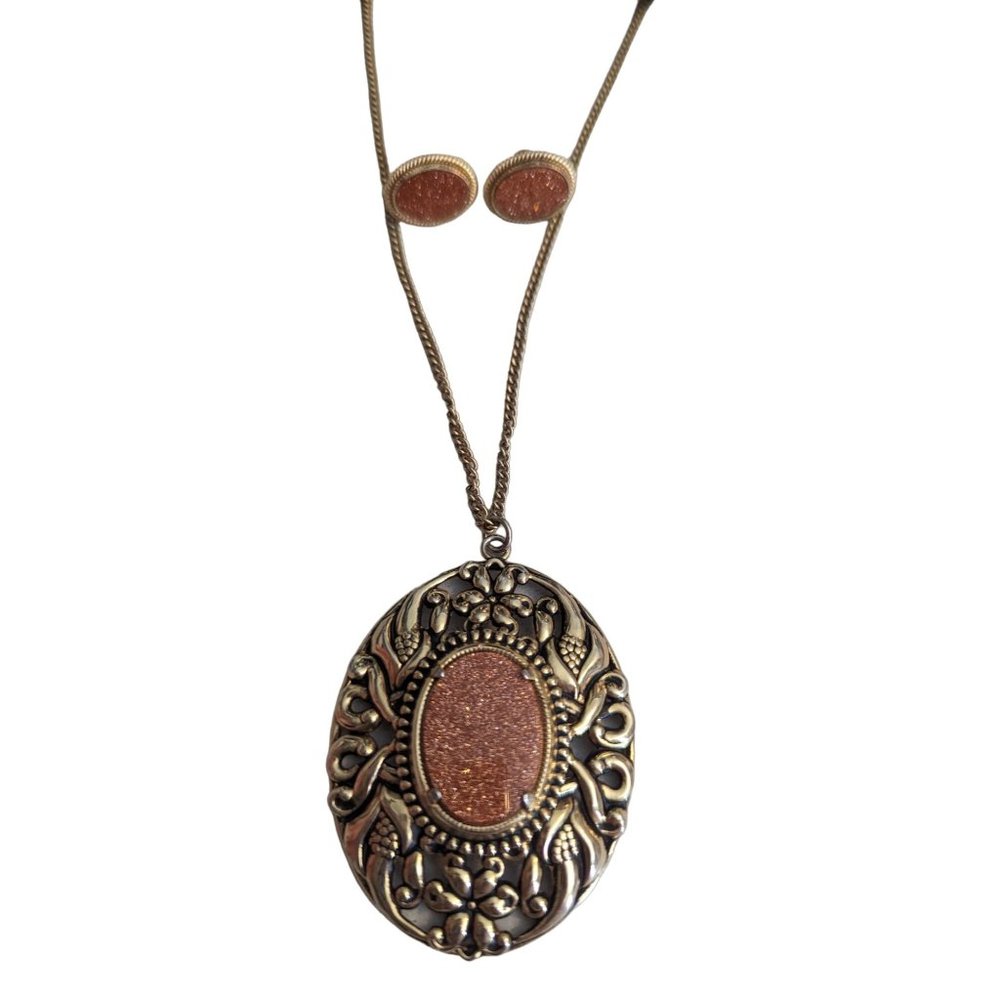 VTG Goldtone necklace earrings scroll flower pendant rose gold glitter statement